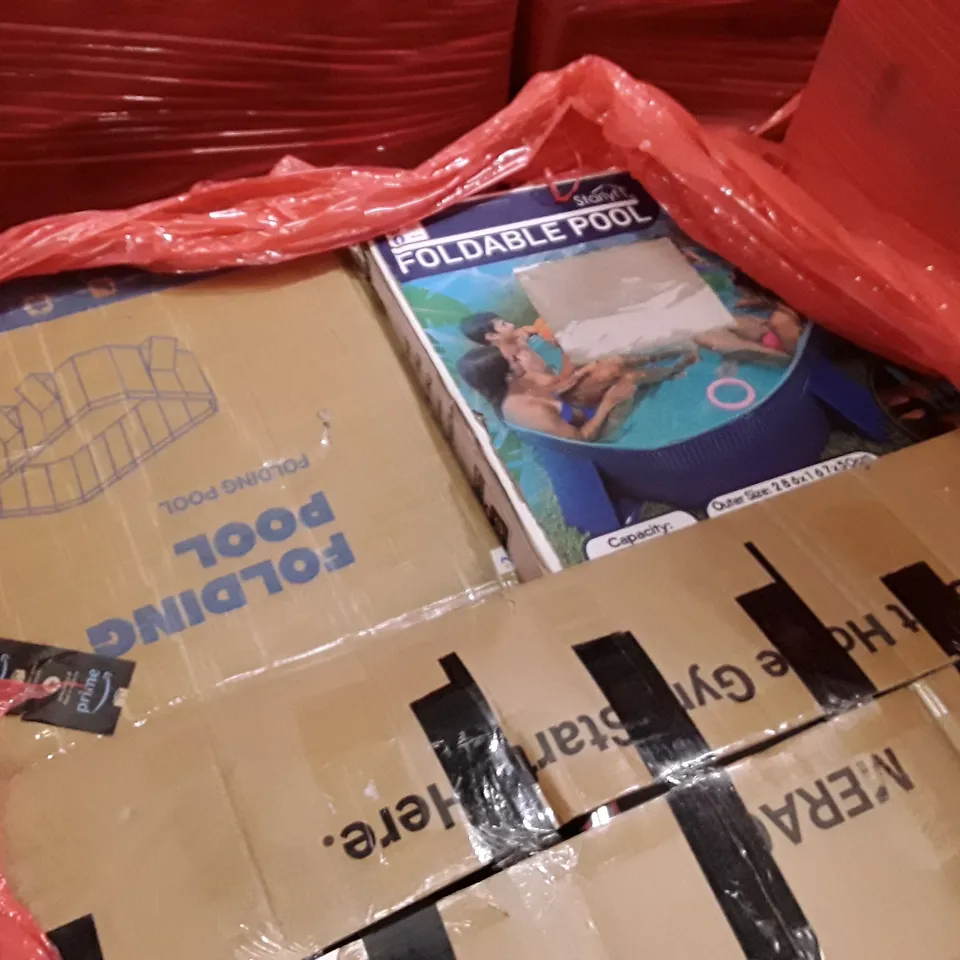 PALLET OF ASSORTED PRODUCTS INCLUDING AUTO HEAT PRESS, FOLDING PADDLING POOLS AND EXERCISE BIKE ECT 