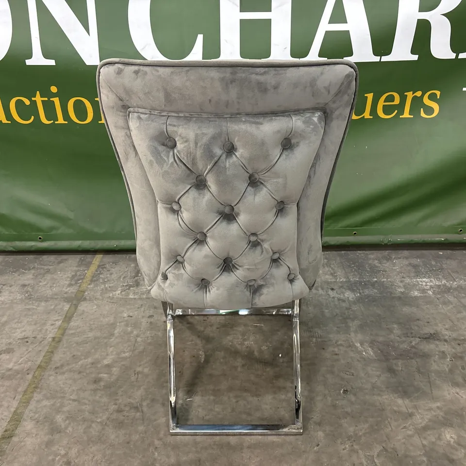 DESIGNER GREY VELVET CHAIR WITH CHROME METAL LEGS