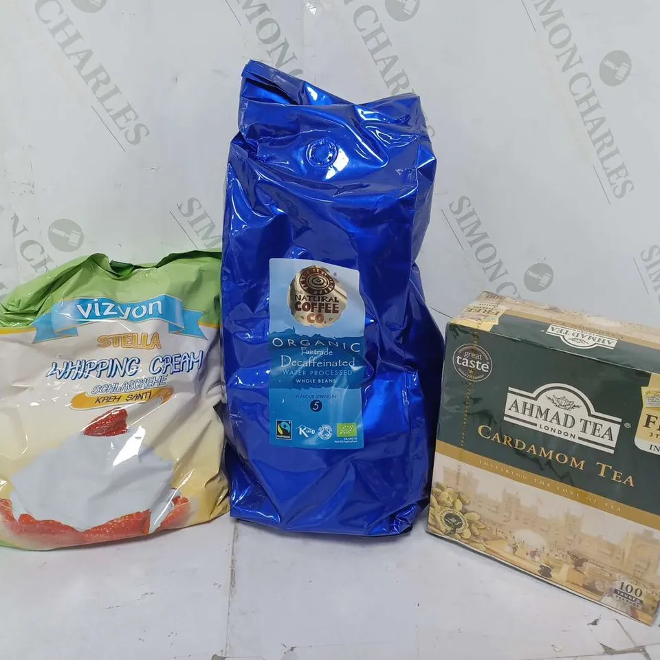 APPROXIMATELY 15 FOOD & DRINKS PRODUCTS TO INCLUDE AHMAS TEA LONDON CARDAMOM TEA, ORGANIC FAIRTRADE DECAF COFFEE, WHIPPING CREAM, ETC