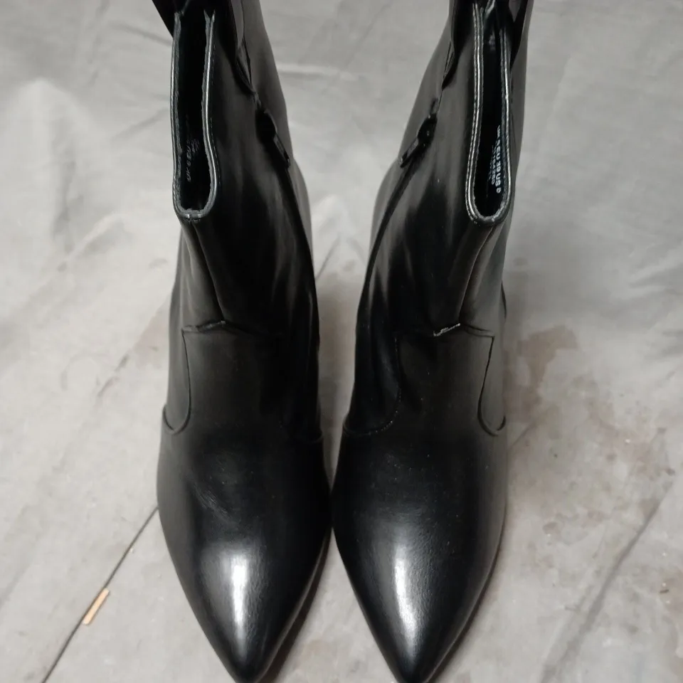 ASOS BLACK LEATHER LOOK ANKLE BOOTS WITH SIDE ZIP – POINTED TOE, MID-HEEL