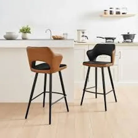 BOXED SET OF 2 KAI BLACK VELVET TAN FAUX LEATHER BLACK LEG BAR CHAIRS