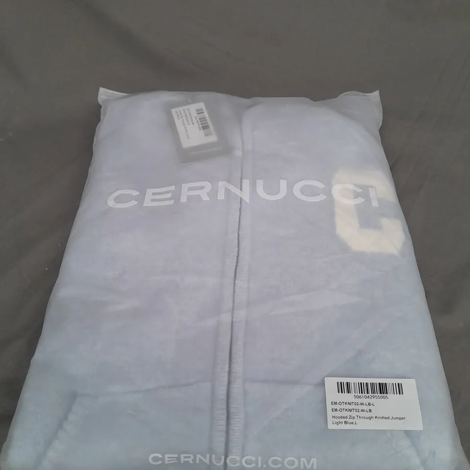 BAGGED CERNUCCI HOODED ZIP THRUGH KNITTED JUMPER IN LIGHT BLUE SIZE L