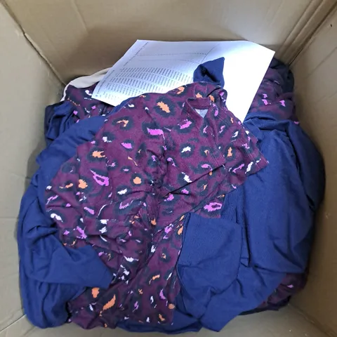 LARGE BOX OF ASSORTED CLOTHING ITEMS IN VARIOUS COLOURS, SIZES AND STYLES