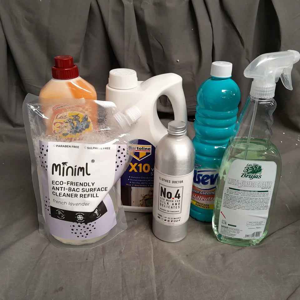 11 ASSORTED HOUSEHOLD ITEMS TO INCLUDE CLOTHES DOCTOR SILK & DELICATES DETERGENT, BARTOLINE TX10 PAINT & VARNISH STRIPPER, MINIML ANTIBAC REFILL, ETC. - COLLECTION ONLY