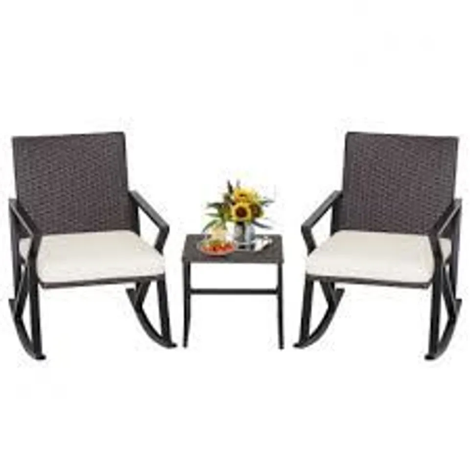 BOXED COSTWAY 3 PIECES RATTAN PATIO BISTRO SET WITH ROCKING CHAIRS AND TABLE