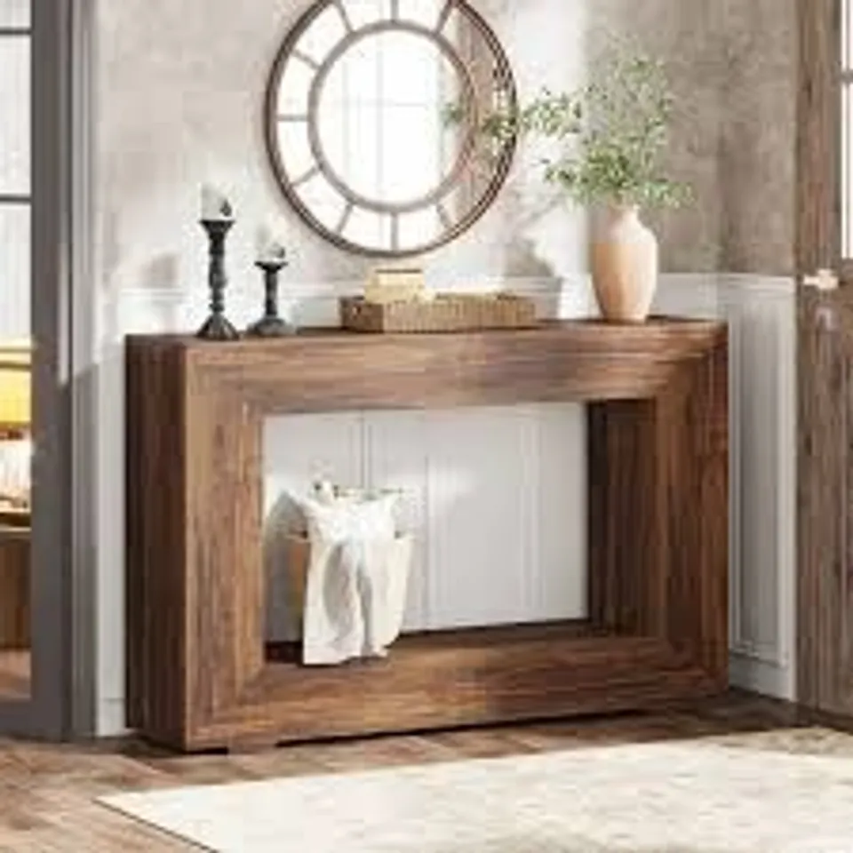 BOXED FARMHOUSE CONSOLE TABLE, RUSTIC WOOD ENTRYWAY SOFA TABLE WITH STORAGE