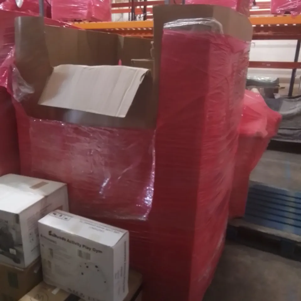 PALLET OF ASSORTED HOUSEHOLD GOODS AND FURNITURE TO INCLUDE; PET GROOMING VACUUM, EUARY AIR FRYER, SUIKOOO ACTIVITY PLAY GYM ETC