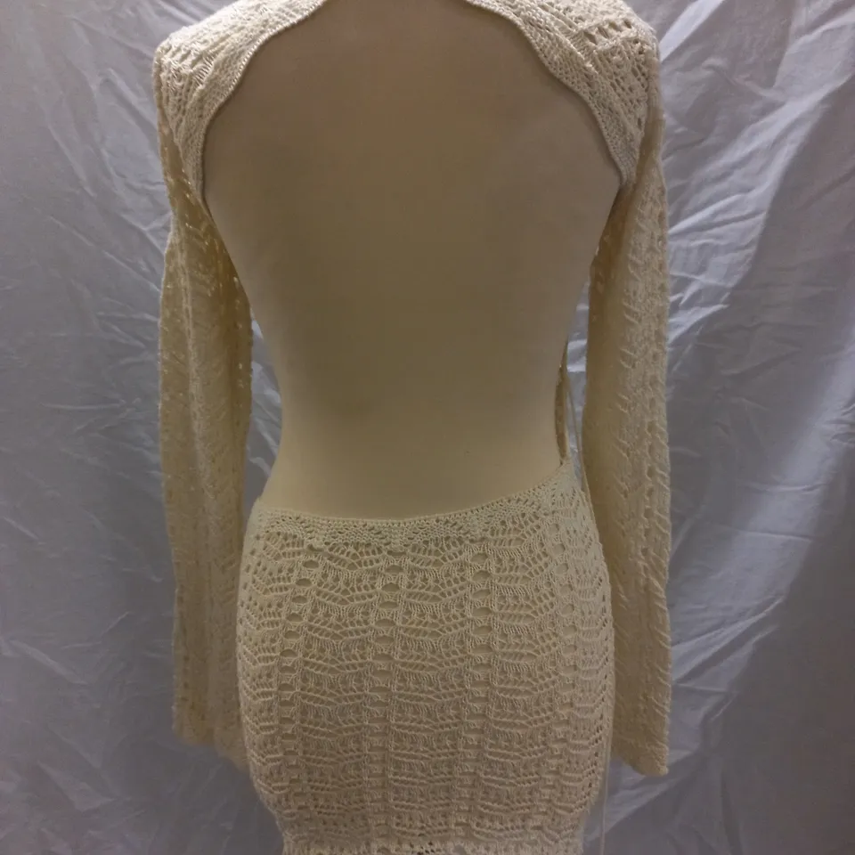 NASTY GAL CROCHET KNITTED OPEN BACK MINI DRESS, ECRU - SIZE 8