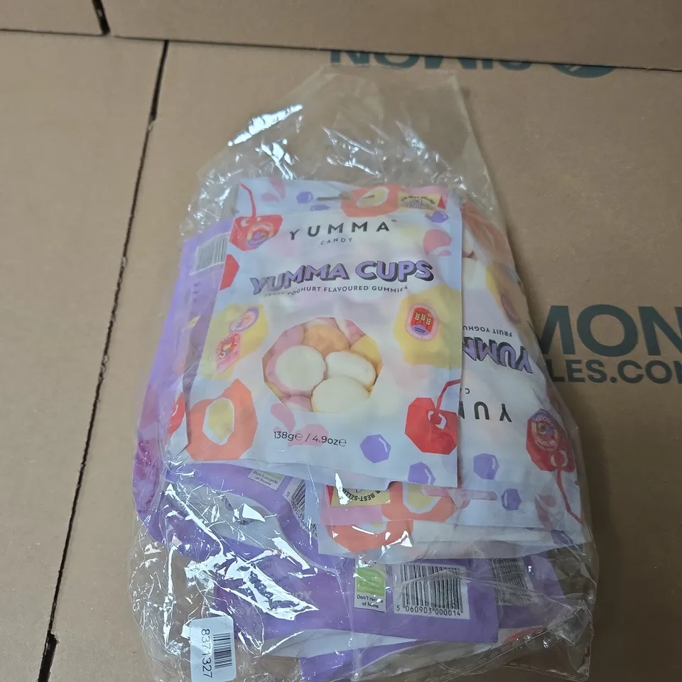 APPROXIMATELY 5 BAGS OF YUMMA CUPS FRUIT YOGHURT FLAVOURED GUMMIES - 138G BAGS 