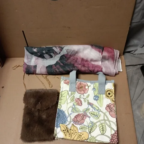 LARGE QUANTITY OF ASSORTED ITEMS TO INCLUDE SCARFS, RADLEY LONG LIFE GROCERY BAGS, FAUX FUR CROSS BODY HANDBAG, ETC - COLLECTION ONLY