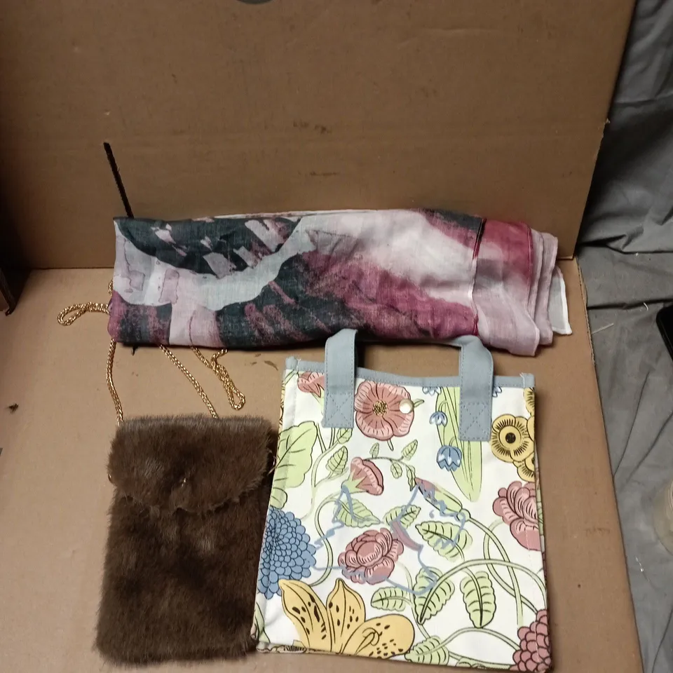 LARGE QUANTITY OF ASSORTED ITEMS TO INCLUDE SCARFS, RADLEY LONG LIFE GROCERY BAGS, FAUX FUR CROSS BODY HANDBAG, ETC - COLLECTION ONLY