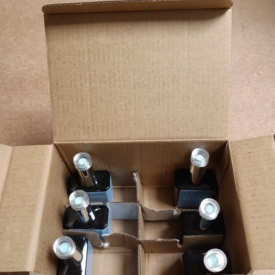 TOTE OF 6 BOXES OF NAIL MAKERS BUILDER GELS, BASE COATS AND GEL POLISHES APPROXIMATELY 6 PER BOX