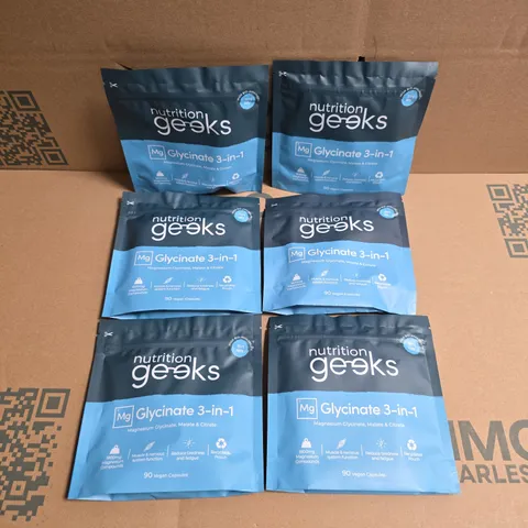 6 PACKS OF NUTRITION GEEKS MG GLYCINATE 3-IN-1 (90 VEGAN CAPSULES PER PACK)