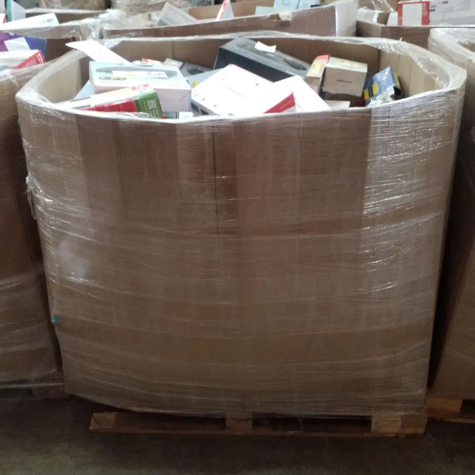PALLET CONTAINING ASSORTED ELECTRICAL RETURNS INCLUDING HP DESKJET 2810E PRINTER, PARTY SPEAKER SYSTEM, GAMING KEYBOARD, AERIAL, WIRELESS HEADPHONES & LANDLINE PHONE