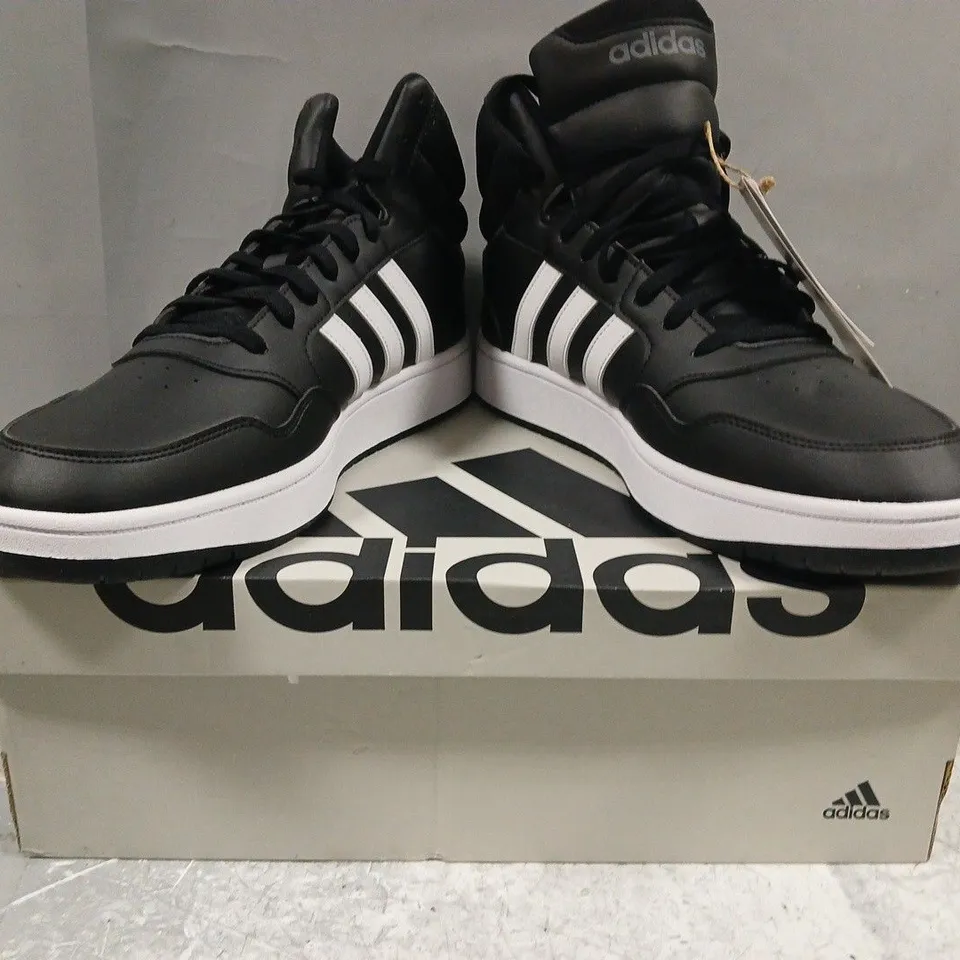 BOXED PAIR OF ADIDAS HOOPS 3.0 MID SHOES IN BLACK/WHITE SIZE UK 12.5