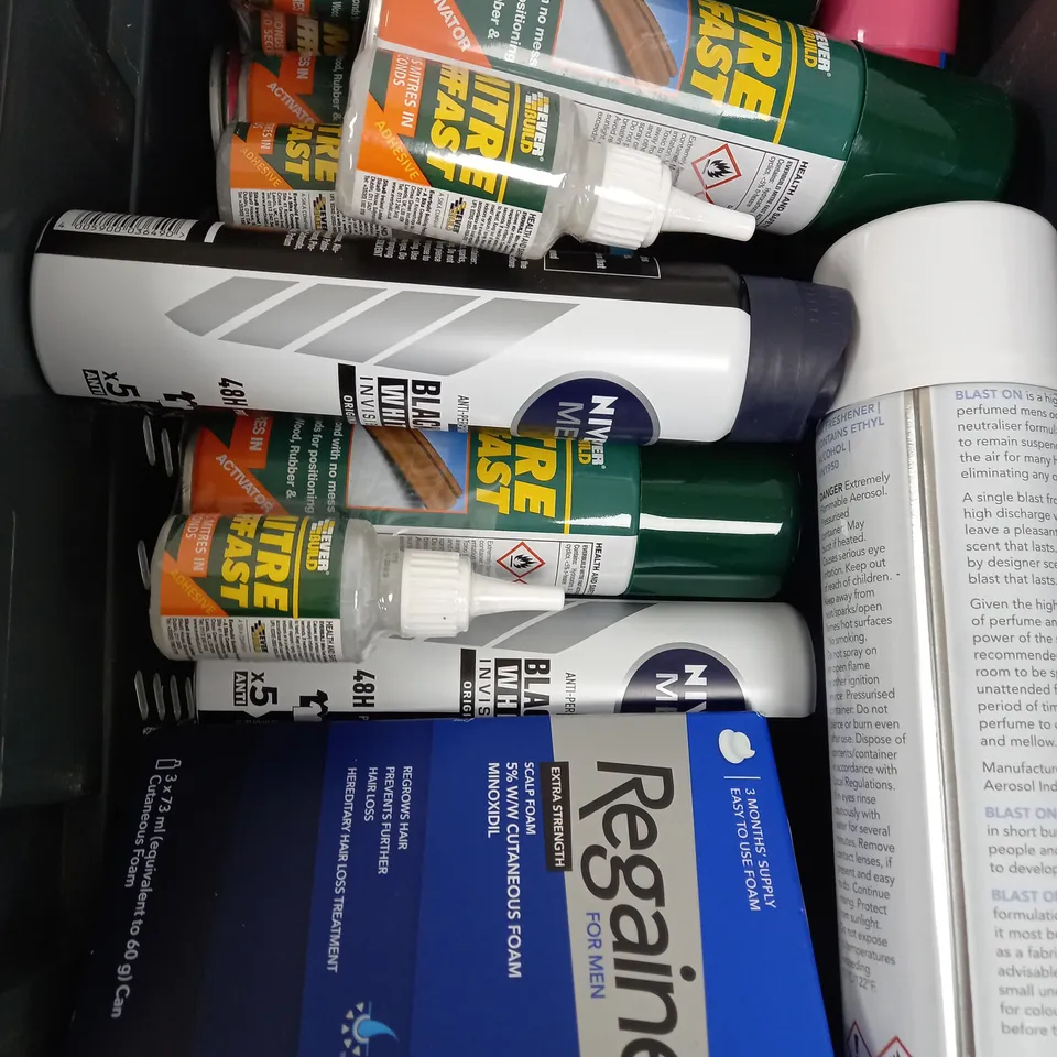 BOX OF APPROX 15 ASSORTED LIQUIDS TO INCLUDE - SQUASHIES DRY SHAMPOO, NIVEA DEODORANT, BLAST AIR FRESHNER ETC