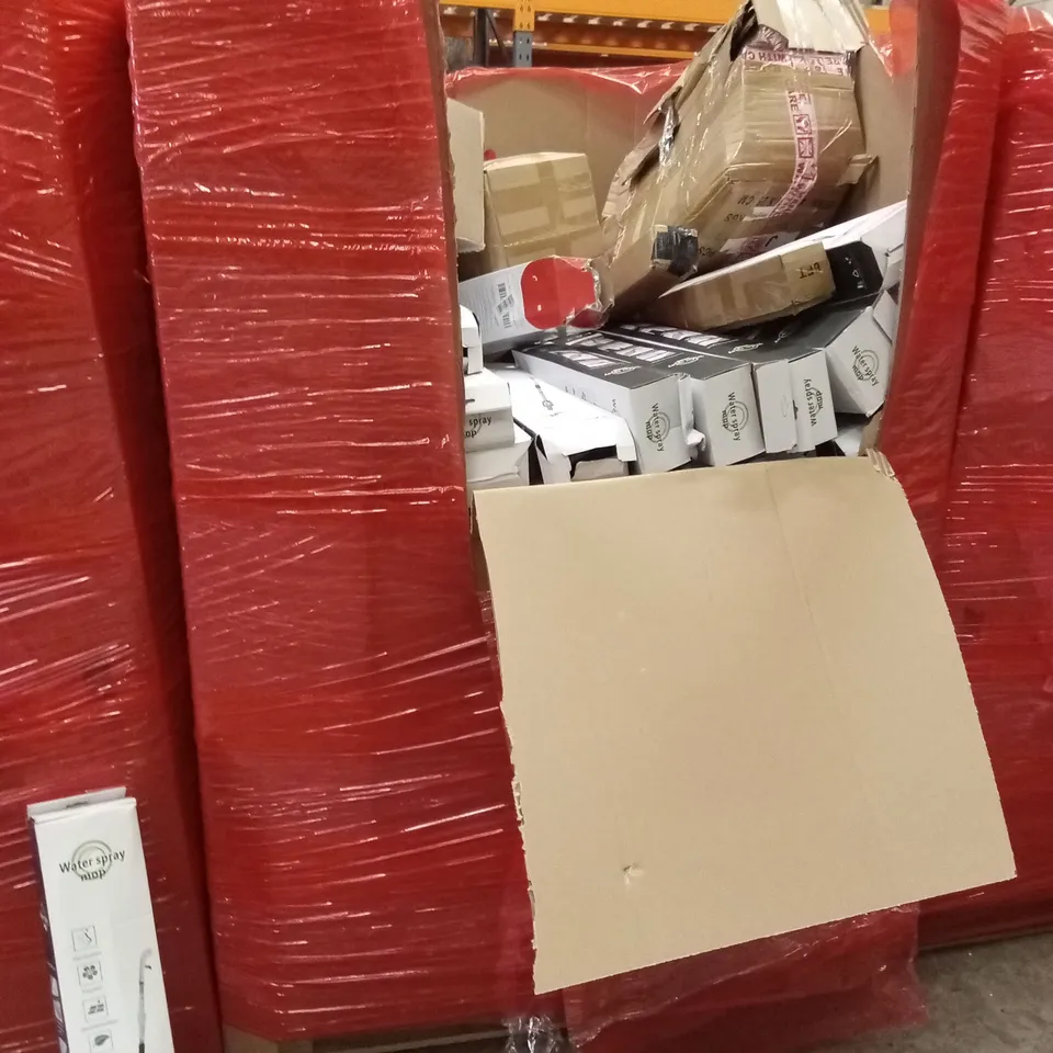 PALLET OF ASSORTED HOUSEHOLD GOODS AND PRODUCTS TO INCLUDE; A VERY LARGE QUANTITY OF WATER SPRAY MOPS AND A COUPLE ADDITIONAL HOUSEHOLD ITEMS