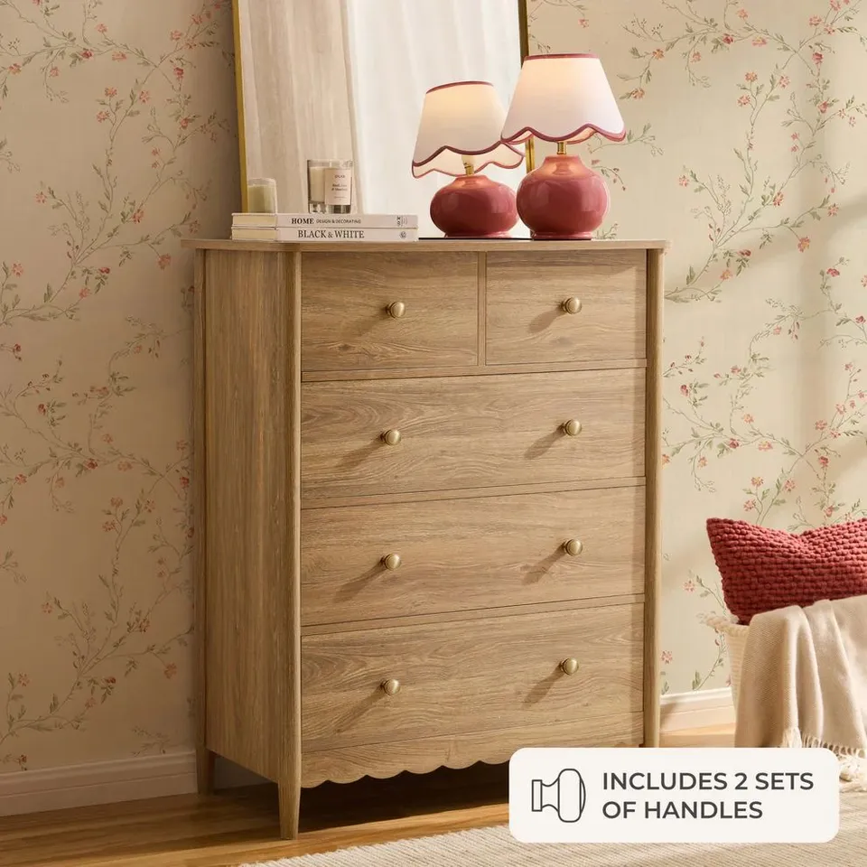 BOXED DUSK BETTY 5 DRAWER CHEST - LIGHT WOOD (1 BOX)