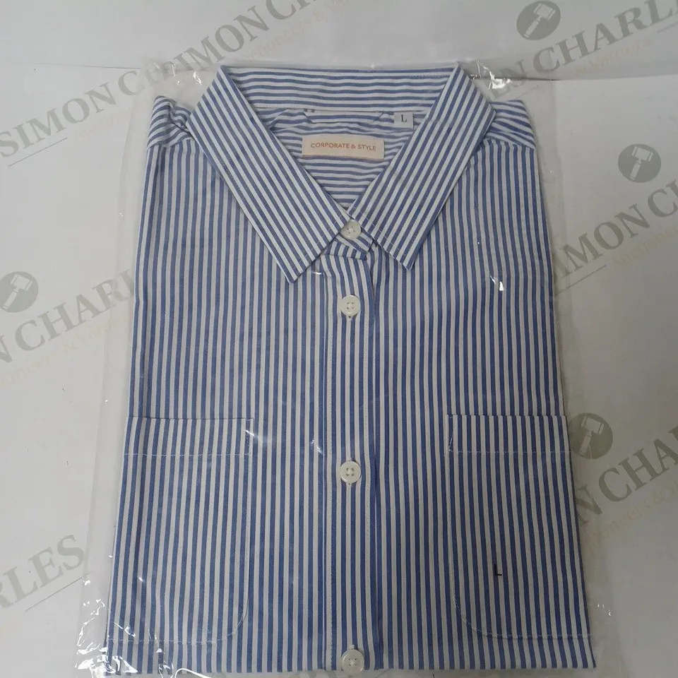 SEALED SET OF 5 BRAND NEW CORPORATIVE STYLE BLUE & WHITE STRIPE WOMENS SHIRT- LARGE
