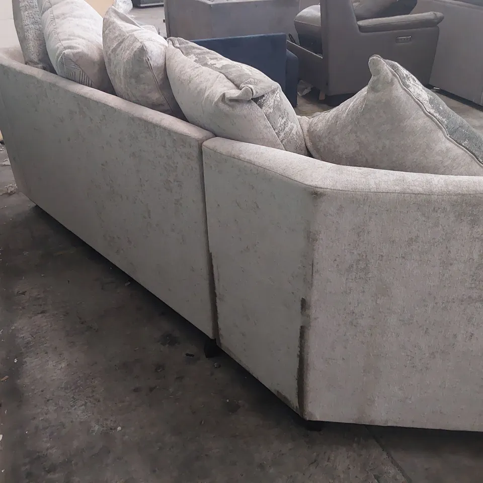 DESIGNER CORNER GROUP SILVER FABRIC WITH SCATTER CUSHIONS & STUDDED DETAIL