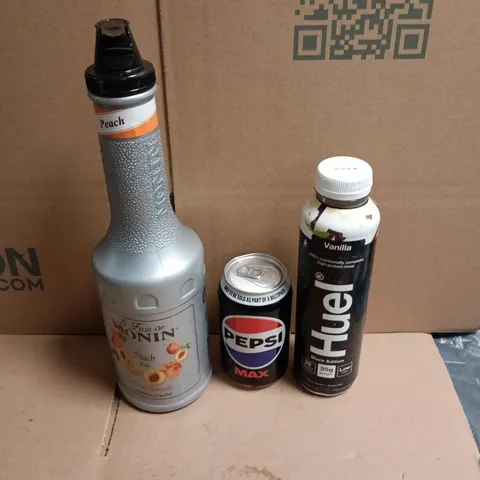 APPROXIMATELY 12 ASSORTED FOOD AND DRINKS ITEMS TO INCLUDE - MONIN PEACH SYRUP, VANILLA HUEL MEAL SHAKE, PEPSI MAX ETC 