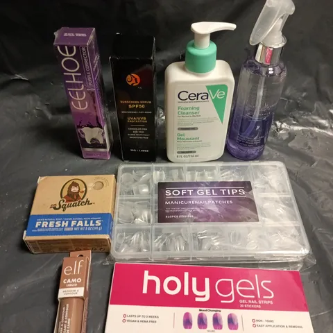 APPROXIMATELY 15 ASSORTED HEALTH & BEAUTY PRODUCTS TO INCLUDE CERAVE FOAMING CLEANSER, SOFT GEL TIPS, SQUATCH SOAP ETC