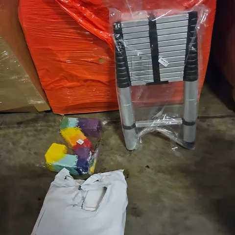 PALLET OF ASSORTED ITEMS TO INCLUDE, TELESCOPIC LADDER, BAGS CRAFT POLYSTYRENE, PINYATA, BOXED FURNITURE.