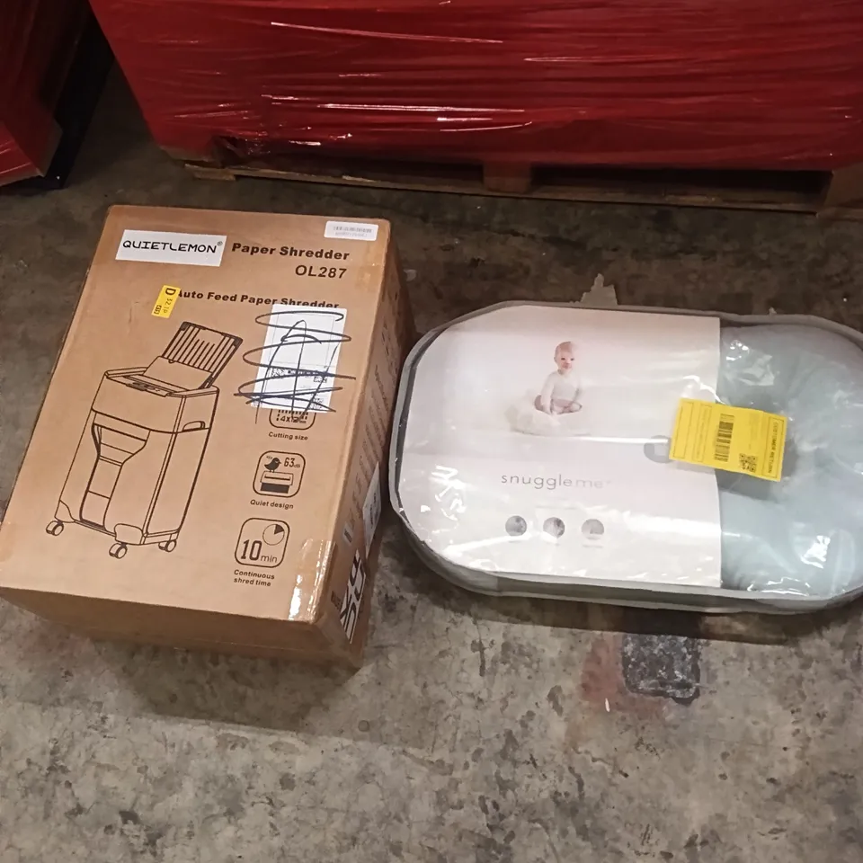PALLET OF ASSORTED ITEMS INCLUDING - INFANT LOUNGER, PAPER SHREDDER 