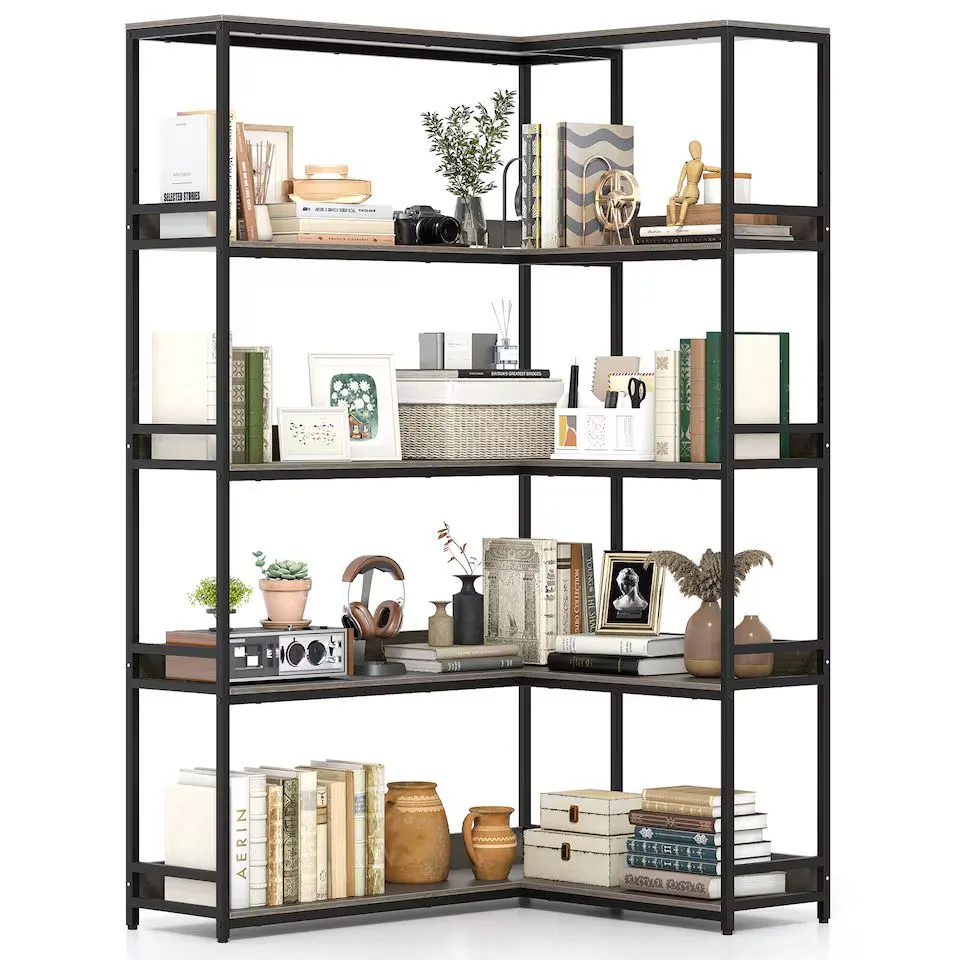 BOXED 180 CM TALL CORNER BOOKSHELF 5-TIER L-SHAPED BOOKCASE - OAK (2 BOXES)