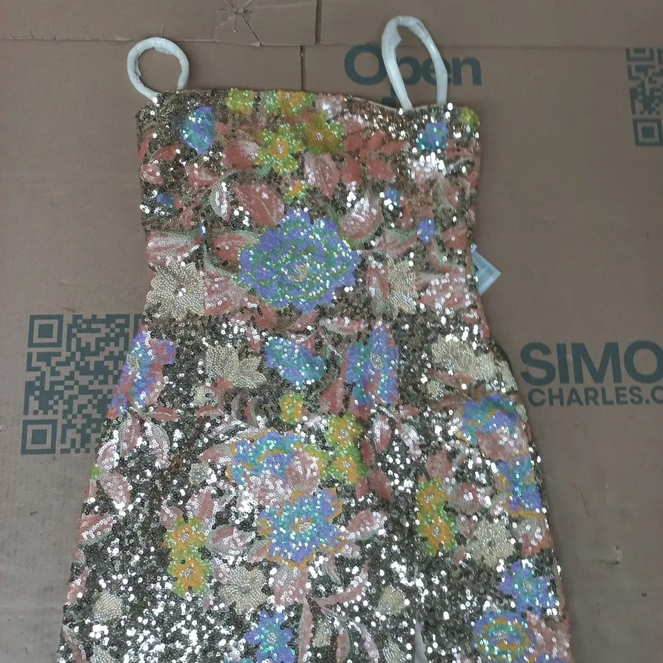 NADINE MERABI SEQUINED FLORAL DRESS IN GOLD SIZE UK 12