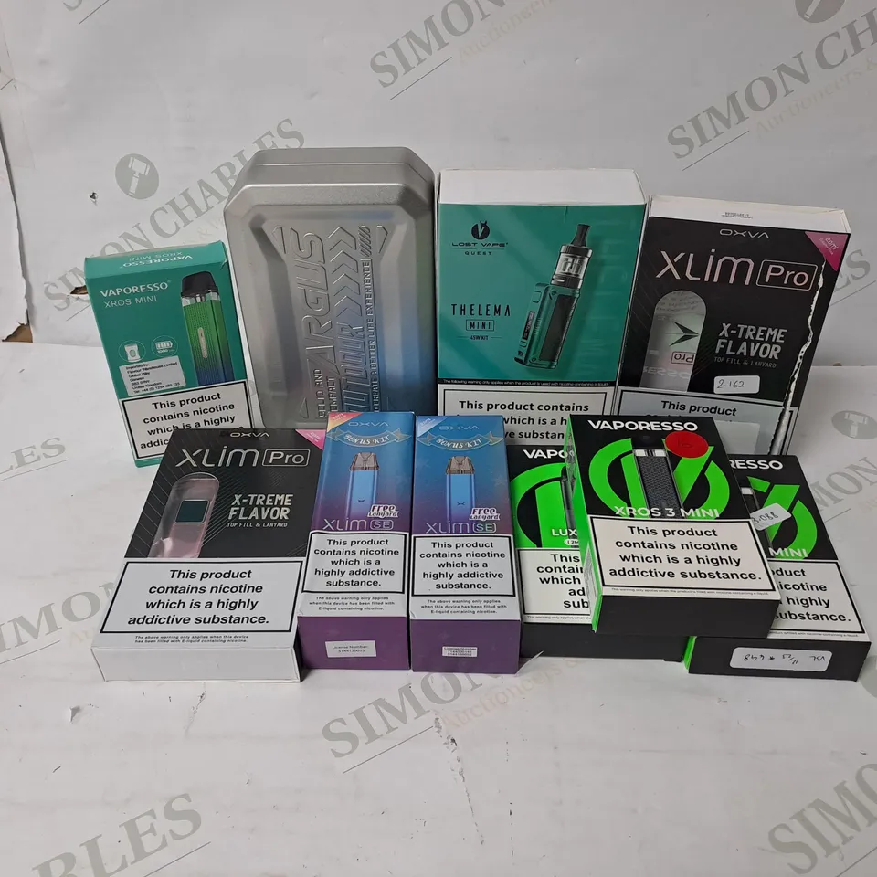 10 ASSORTED E-CIGARETTE PRODUCTS TO INCLUDE VOOPOO ARGUS, LOST VAPE QUEST THELMA MINI, OXVA XLIM PRO, VAPORESSO XROS 3 MINI 