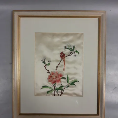 FRAMED EMBROIDERED BIRD & FLOWERS PICTURE