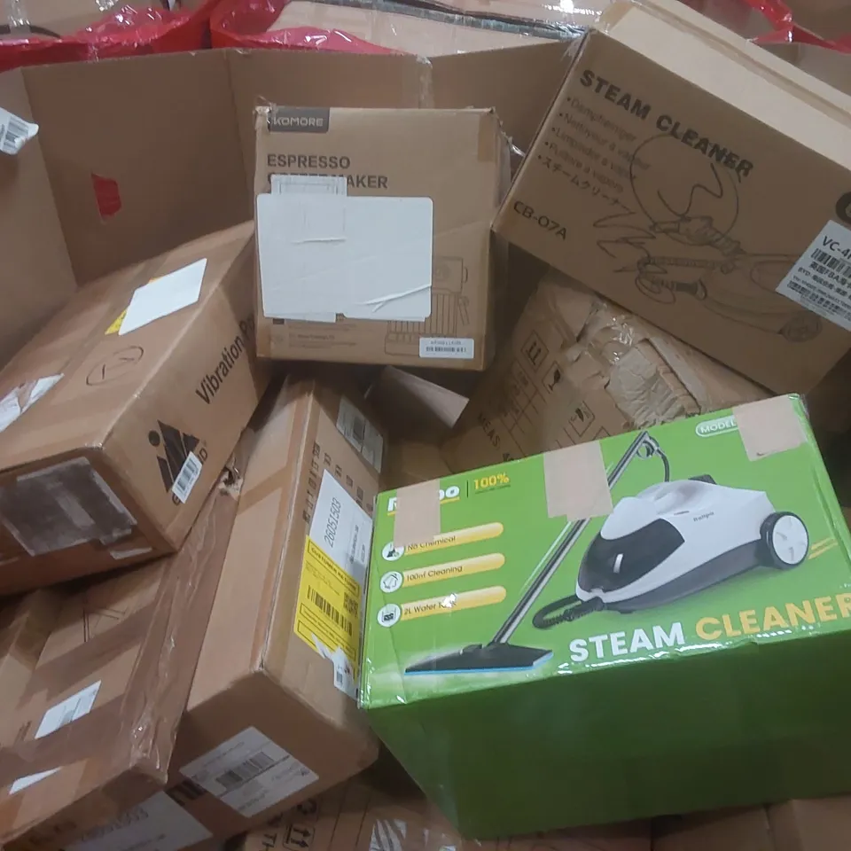 PALLET CONTAINING A LARGE QUANTITY OF ASSORTED ITEMS INCLUDING: STEAM CLEANERS, VIBRATION POWER PLATE, ESPRESSO COFFEE MAKER ECT