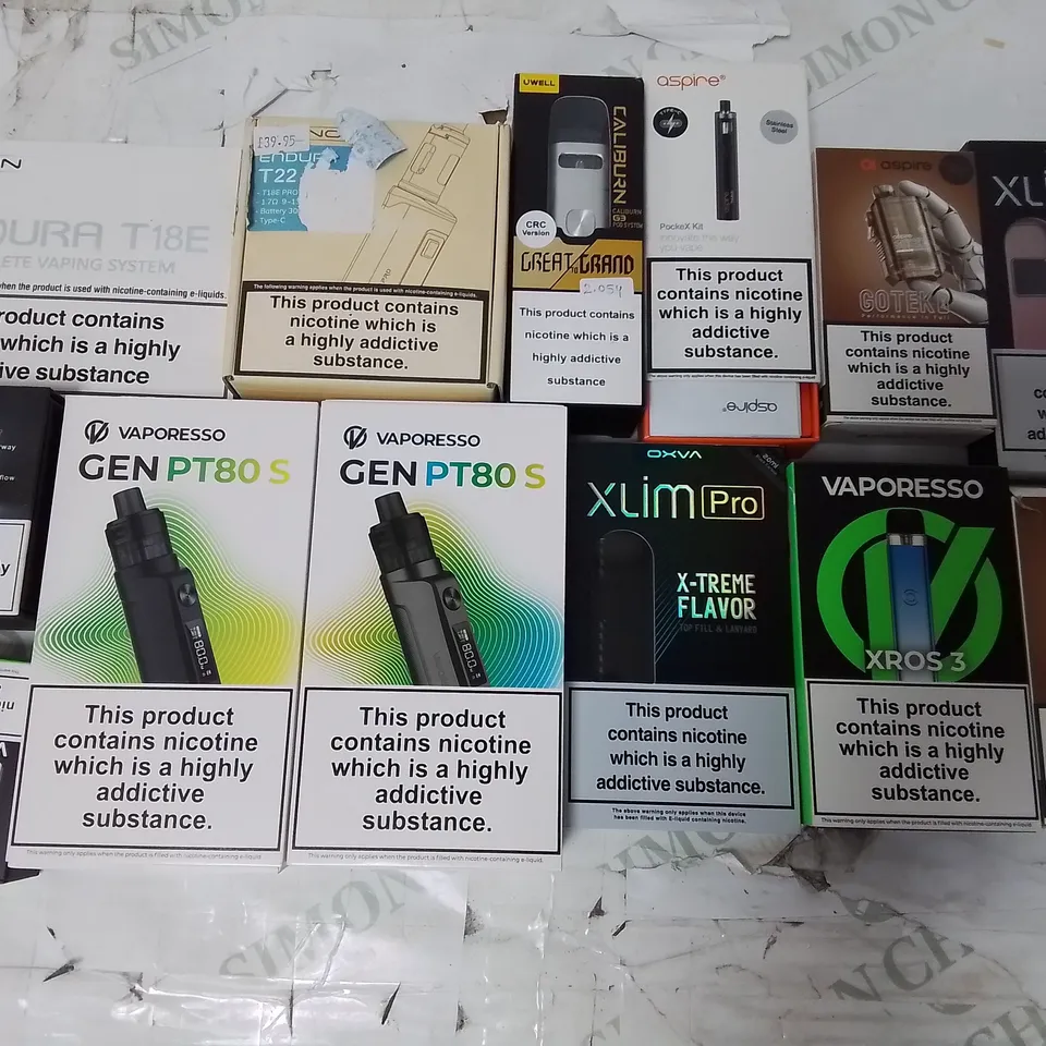 LOT OF ASSORTED E-CIGS AND PARTS TO INCLUDE VAPORETTO, INVOKING AND ASPIRE