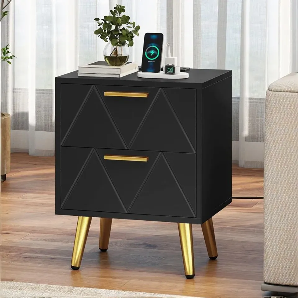 BOXED BEDSIDE TABLE WITH 2 DRAWERS AND POWER STATION MODERN NIGHTSTAND