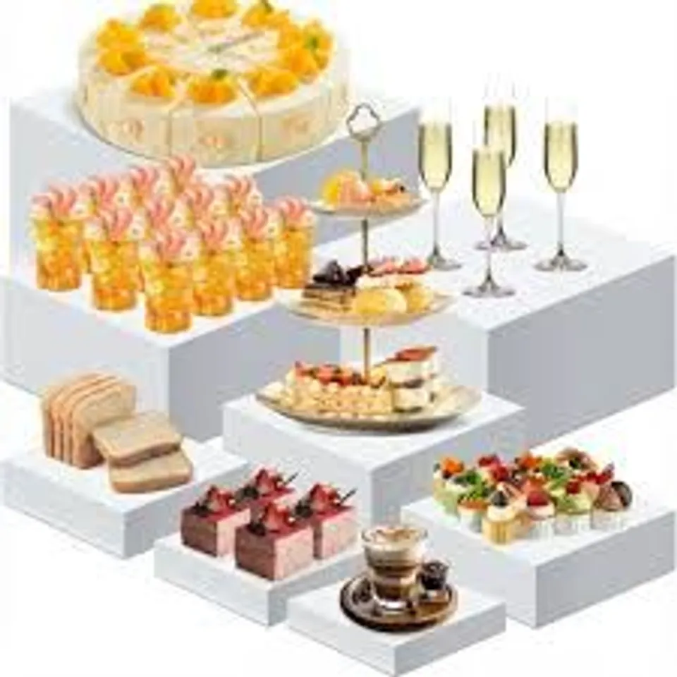 BOXED GARVEE BUFFET 5"-12" RISERS ACRYLIC FOOD DISPLAY STANDS (SET OF 8) - WHITE (1 BOX)