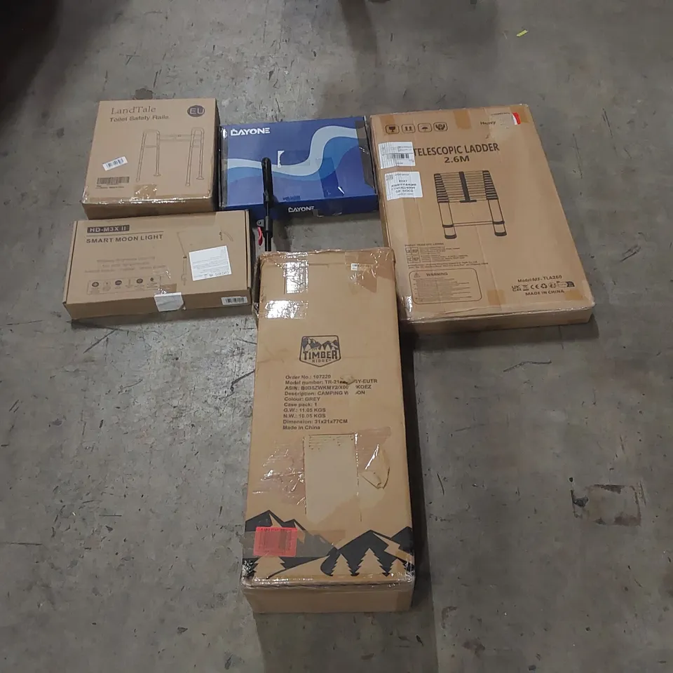 PALLET OF ASSORTED ITEMS INCLUDING: CAMPING WAGON, TELESCOPIC LADDER, KITCHEN FAUCET, SMART MOON LIGHT, TOILET SAFETY RAIL ECT