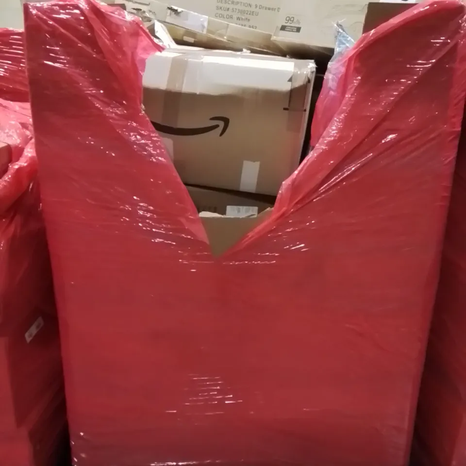 PALLET CONTAINING VARIOUS ASSORTED BOXED HOUSEHOLD ITEMS TO INCLUDE: CAR BOOSTER SEAT, 9 DRAW DRESSER, STEAM CLEANER AND LOTS MORE UNMARKED BOXED ITEMS 
