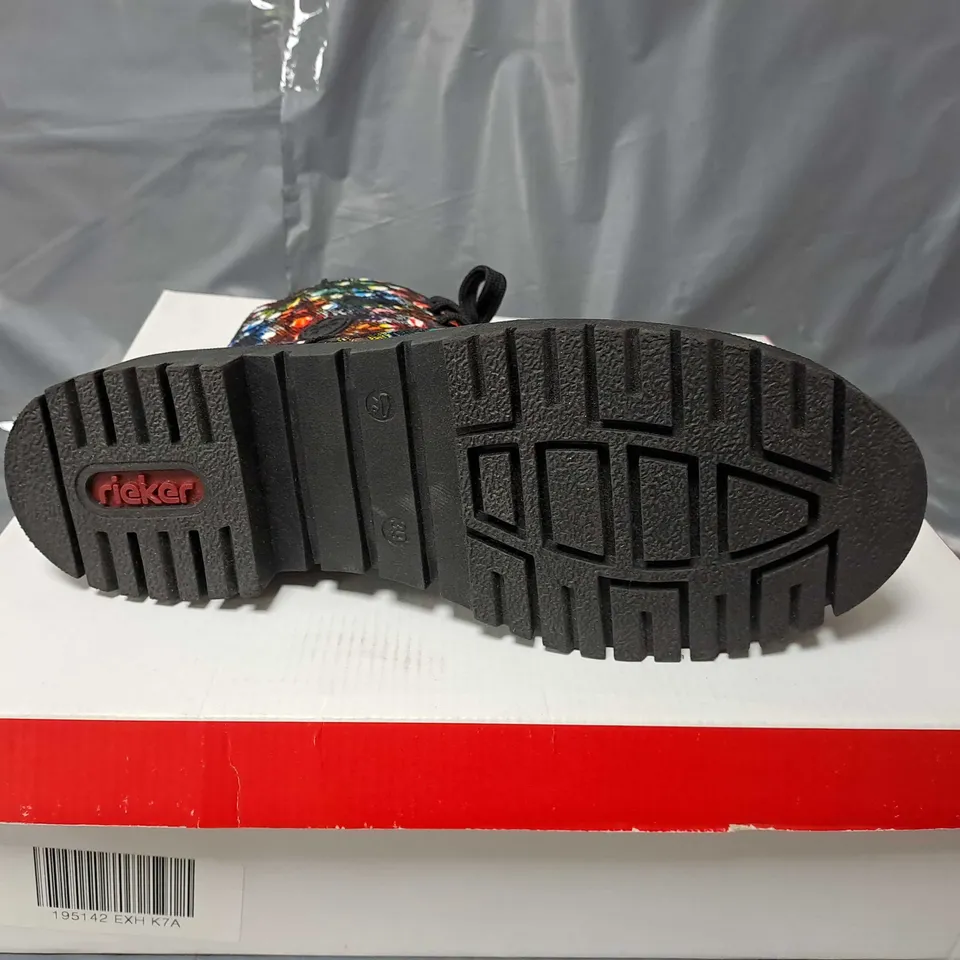 BOXED PAIR OF RIEKER BOOTS IN MULTI COLOURED - SIZE 7 1/2