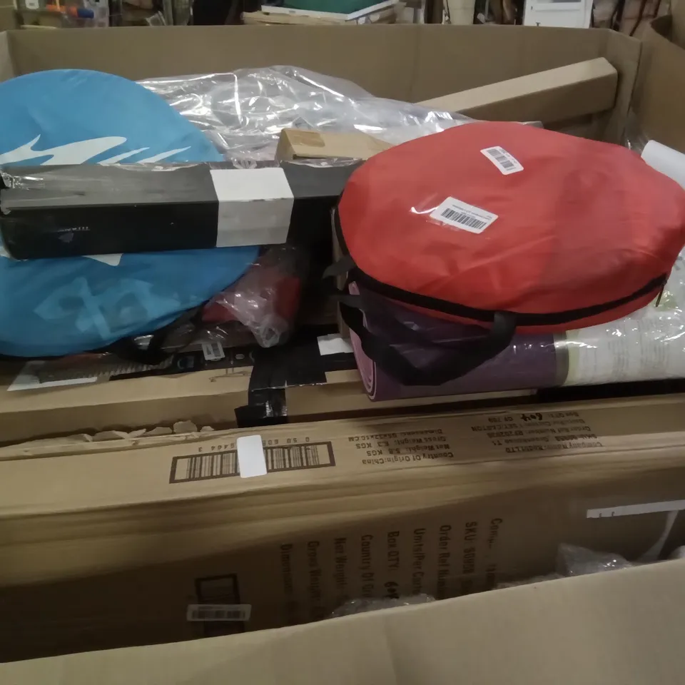 PALLET OF ASSORTED ITEMS INCLUDING ASTROAI MINI FRIDGE, PLASTIC LAWN EDGING, BLACK GAMING MOUSE PAD, WIRELESS DUAL MODE ERGONOMIC KEYBOARD, BABY PLAYPEN, KIDS POP UP TENT