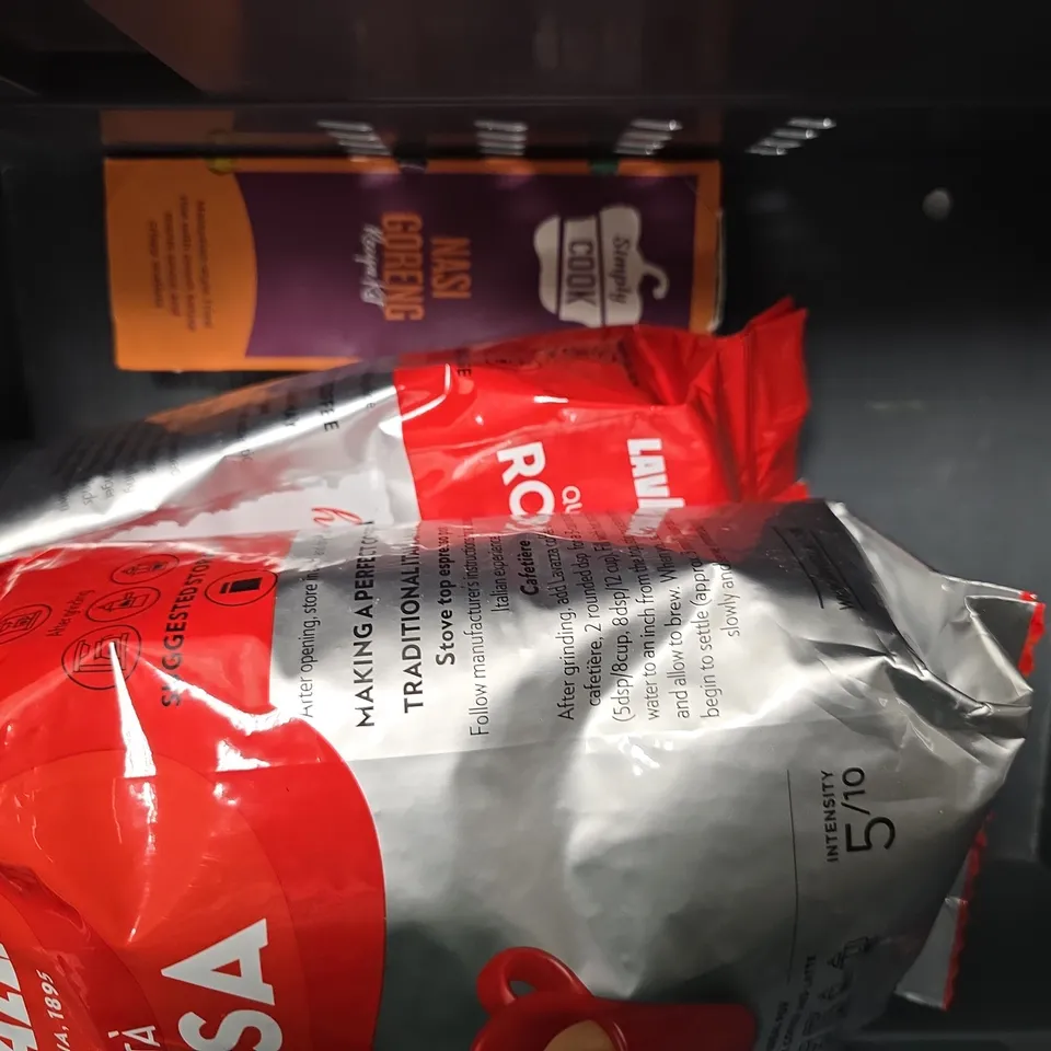 APPROXIMATELY 5 ASSORTED FOOD & DRINK ITEMS TO INCLUDE - PACT COFFEE MIRTAYU WOMENS PROJECT , LAVAZZA ROSSA , SIMPY COOK PEANUT BUTTER CHICKEN ETC
