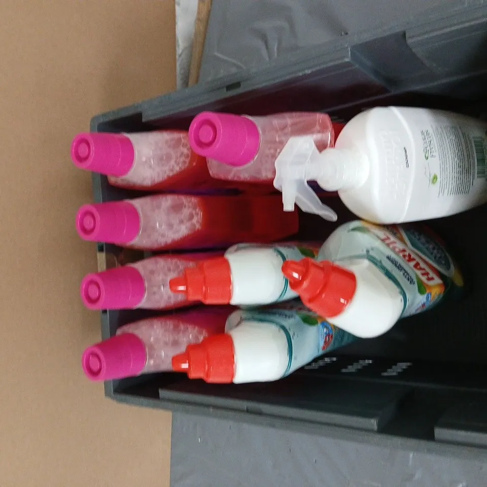 Assorted cleaning products in crate – floor cleaner, toilet cleaner & air fresheners