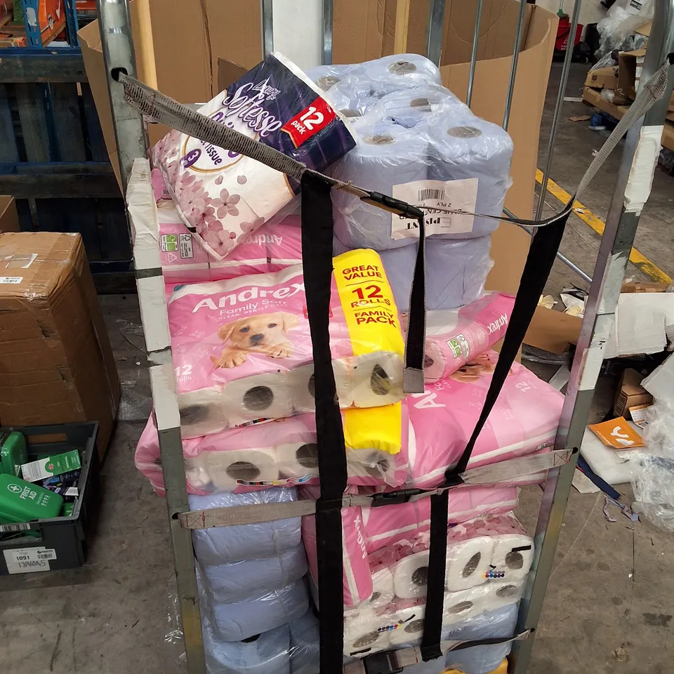 CAGE CONTAINING ASSORTED TOILET ROLLS & BLUE CENTREFEED ROLLS