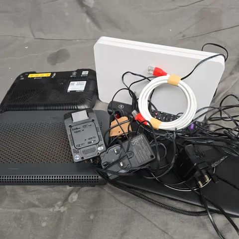APPROXIMATELY 12 ASSORTED HOUSEHOLD ITEMS TO INCLUDE ROUTERS, CABLES, REMOTES, ETC