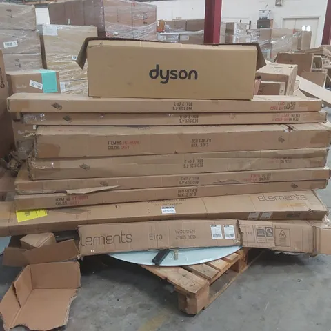 PALLET CONTAINING A LARGE QUANTITY OF ASSORTED FURNITURE PARTS/CONSUMER PRODUCTS INCLUDING: BED PARTS, XROCKER DESK PARTS, DYSON VACUUM PARTS ECT