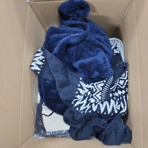 LARGE BOX OF ASSORTED CLOTHING ITEMS IN VARIOUS SIZES, COLOURS ABD STYLES