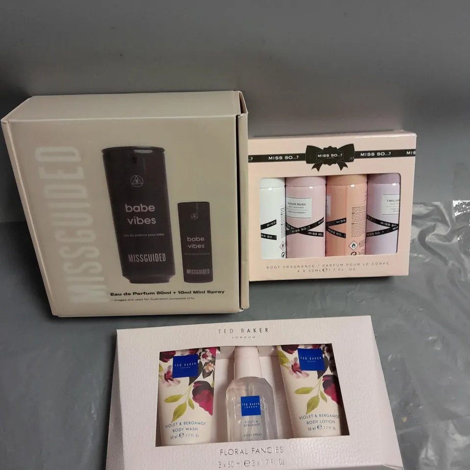 BOX OF 3 ASSORTED BODY CARE PRODUCTS TO INCLUDE - TED BAKER FLORAL FANCIES - MISS SO...? BODY FRAGRANCE SET - MISSGUIDED BABE VIBES PARFUM SET