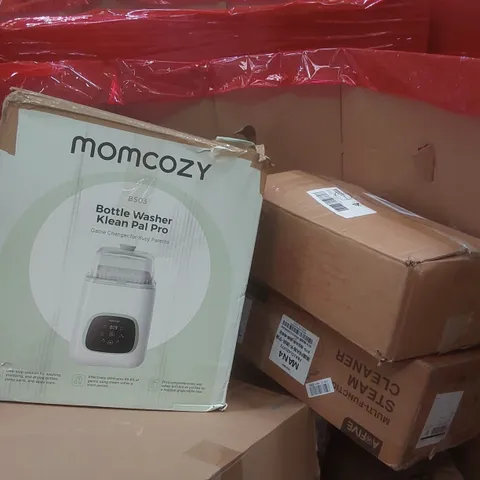 PALLET CONTAINING A LARGE QUANTITY OF ASSORTED ITEMS INCLUDING: MOMCOZY BOTTLE WASHER, STEAM CLEANER, PAN SET ECT