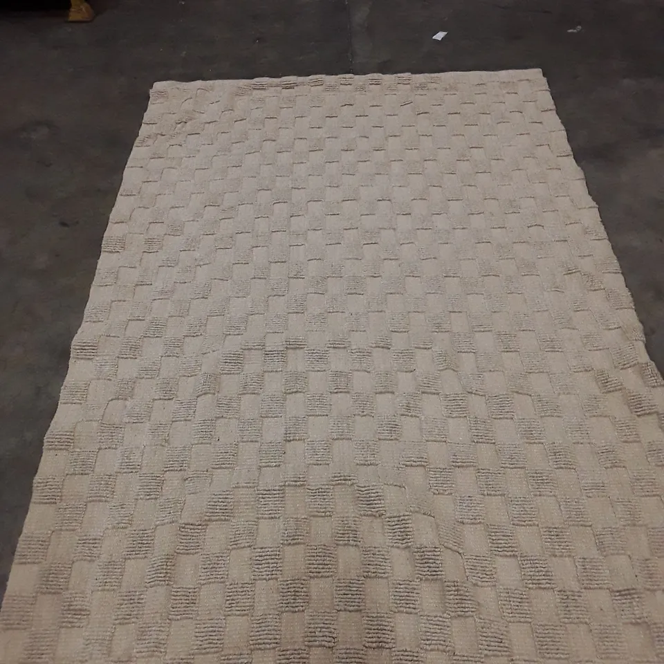 BEIGE WOVEN AREA RUG WITH GEOMETRIC SQUARE PATTERN 235X158CM APPROXIMATELY