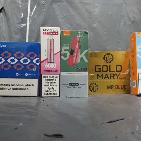 APPROXIMATELY 12 ASSORTED E-CIGERATTE PRODUCTS TO INCLUDE MAD EYES, GOLD MARY, AND POPVIBE